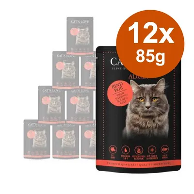 Cat's Love Adult Rind Pur, confezione da 12 buste da 85 g ciascuna, immagine di un gatto sul fronte della confezione. Testo visibile: Rind Pur, Manzo.