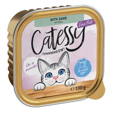 Catessy Fine Paté s divočinou, 100g. Bez přidaného cukru. Ilustrace šedé kočky s modrýma očima a textem 'Oh, so smooth!' na obalu.
