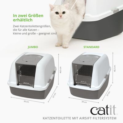 Geschlossene Katzentoilette mit weissem Deckel, grauer Basis und transparenter Schwingtür. Oben integrierter Griff und runde Öffnung für Filtereinsatz sichtbar.