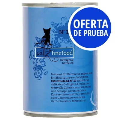 Lata de comida para gatos catz finefood Geflügel & Garnelen, texto visible en alemán. Etiqueta azul con círculo: OFERTA DE PRUEBA.