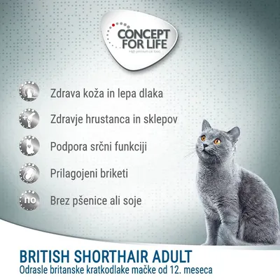 CONCEPT FOR LIFE. Zdrava koža in lepa dlaka, zdravje hrustanca in sklepov, podpora srčni funkciji, prilagojeni briketi, brez pšenice ali soje. BRITISH SHORTHAIR ADULT, odrasle britanske kratkodlake mačke od 12. meseca.