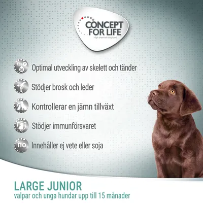 Concept for Life. Optimal utveckling av skelett och tänder, stöder brosk och leder, kontrollerar en jämn tillväxt, stöder immunförsvaret, innehåller ej vete eller soja. Large Junior valpar upp till 15 månader.