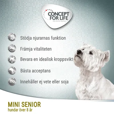 Concept for Life Mini Senior hundar över 8 år. Stödja njurarnas funktion, främja vitaliteten, bevara en idealisk kroppsvikt, bästa acceptans, innehåller ej vete eller soja.