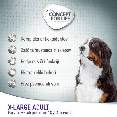 Concept for Life X-Large Adult; kompleks antioksidantov, zaščita hrustanca in sklepov, podpora srčni funkciji, ekstra veliki briketi, brez pšenice ali soje. Psi zelo velikih pasem od 18./24. meseca.
