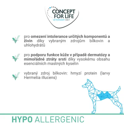 CONCEPT FOR LIFE VETERINARY DIET. Omezení intolerance živin, podpora kůže při dermatóze a ztrátě srsti, zdroj bílkovin: hmyzí protein (larvy Hermetia illucens). HYPO ALLERGENIC.