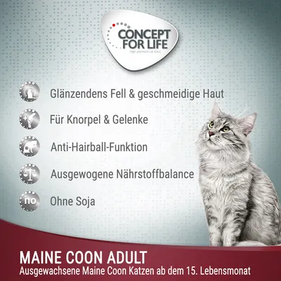 Concept for Life Maine Coon Adult. Lesklá srst, pružná kůže, podpora chrupavek a kloubů, funkce proti tvorbě bezoárů, vyvážená nutriční rovnováha, bez sóji.