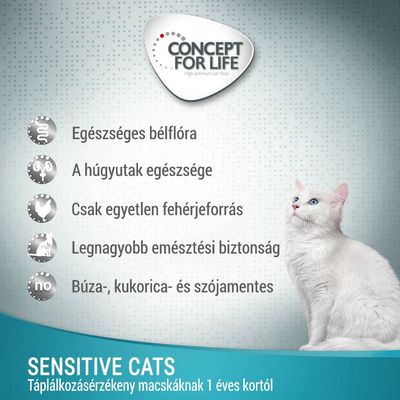 CONCEPT FOR LIFE. Egészséges bélflóra, húgyutak egészsége, egyetlen fehérjeforrás, emésztési biztonság, búza-, kukorica- és szójamentes. Sensitive Cats: táplálkozásérzékeny macskáknak 1 éves kortól.