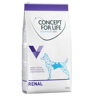 Concept for Life Veterinary Diet Renal, 12kg. Supporta la funzione renale, a basso contenuto proteico, previene la formazione di calcoli. Confezione con cane geometrico e logo V viola.