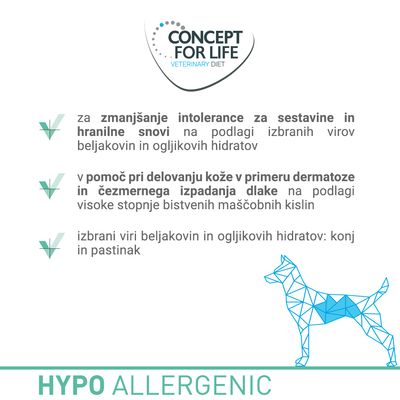 CONCEPT FOR LIFE VETERINARY DIET. Za zmanjšanje intolerance za sestavine in hranilne snovi, pomoč pri delovanju kože, izbrani viri: konj in pastinak. HYPO ALLERGENIC.