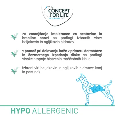 CONCEPT FOR LIFE VETERINARY DIET. Za zmanjšanje intolerance za sestavine in hranilne snovi, pomoč pri delovanju kože, izbrani viri: konj in pastinak. HYPO ALLERGENIC.