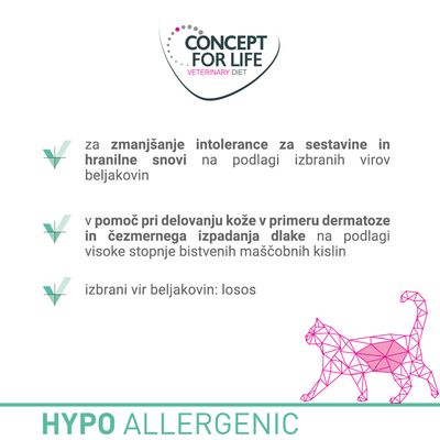 Concept for Life Veterinary Diet. Za zmanjšanje intolerance za sestavine in hranilne snovi, pomoč pri delovanju kože, izbrani vir beljakovin: losos. HYPO ALLERGENIC.