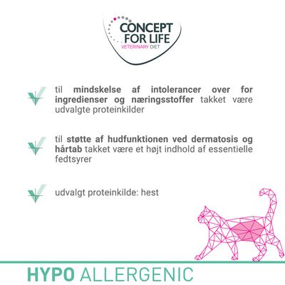CONCEPT FOR LIFE VETERINARY DIET. Til mindskelse af intolerancer over for ingredienser og næringsstoffer, støtte af hudfunktionen ved dermatosis og hårtab, udvalgt proteinkilde: hest. HYPO ALLERGENIC