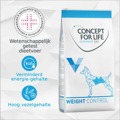 Concept for Life Veterinary Diet Weight Control hondenvoer. Wetenschappelijk getest dieetvoer, verminderd energie-gehalte, hoog vezelgehalte. Ontwikkeld met dierenartsen en voedingsdeskundigen.