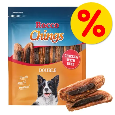 Rocco Chings Double -koiranherkut, kanaa ja naudanlihaa. Pakkauksessa teksti: CHICKEN WITH BEEF, Double meat & pleasure! Suuri prosenttimerkki oikeassa yläkulmassa.
