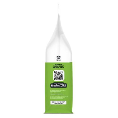 Bag side shows QR code for helpful hints, guarantee stating 'Love it or it's free', and label reading 'Comfort Care Unscented'. Made in USA is also visible.