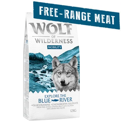 Wolf of Wilderness Mobility Explore the Blue River, 12 kg. Free-range meat. Glukozamina, chondroityna, świeży kurczak z wolnego wybiegu z łososiem, bez zbóż.