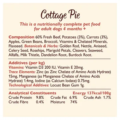 Cottage Pie pet food for adult dogs 4 months plus. Lists composition, botanicals, herbs, additives, analytical constituents, and energy content per 100g. Key ingredients and nutrients shown.