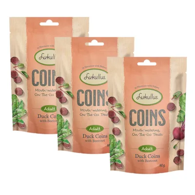 Lukullus Coins Adult Duck Coins med rødbede, lækre snacks til at tage med, pakke à 80g.