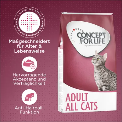 Concept for Life Adult All Cats. Maßgeschneidert für Alter & Lebensweise, hervorragende Akzeptanz und Verträglichkeit, Anti-Hairball-Funktion. Entwickelt mit Tierärzten und Ernährungsexperten.