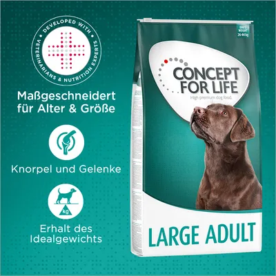 Concept for Life Large Adult Hundefutter, massgeschneidert für Alter und Grösse. Unterstützt Knorpel und Gelenke sowie den Erhalt des Idealgewichts. Entwickelt mit Experten.
