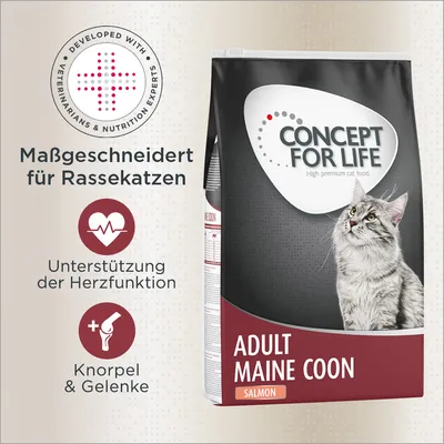 Concept for Life Adult Maine Coon Salmon. Maßgeschneidert für Rassekatzen. Unterstützung der Herzfunktion. Knorpel & Gelenke. Entwickelt mit Tierärzten und Ernährungsexperten.