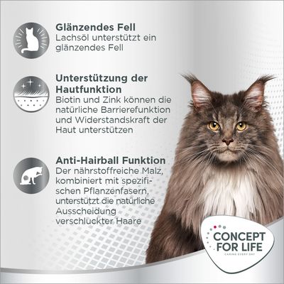 Glänzendes Fell: Lachsöl unterstützt ein glänzendes Fell. Hautfunktion: Biotin und Zink stärken die Hautbarriere. Anti-Hairball Funktion: Malz und Pflanzenfasern fördern Haarentfernung.