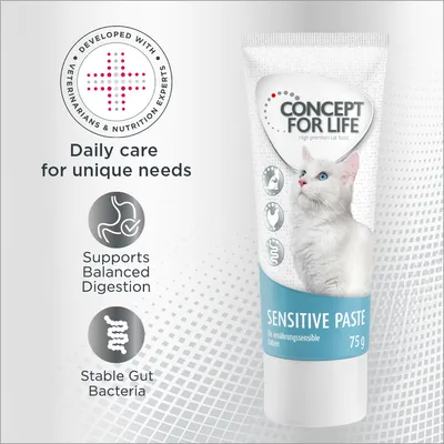 Sensitive Paste, 75g. Developed with veterinarians and nutrition experts. Daily care for unique needs. Supports balanced digestion and stable gut bacteria.