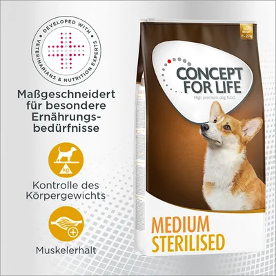 Concept for Life Medium Sterilised Hundefutter. Massgeschneidert für besondere Ernährungsbedürfnisse. Kontrolle des Körpergewichts und Muskelerhalt. Entwickelt mit Tierärzten und Ernährungsexperten. Concept for Life Medium Sterilised Hundefutter. Massgeschneidert für besondere Ernährungsbedürfnisse. Kontrolle des Körpergewichts und Muskelerhalt. Entwickelt mit Tierärzten und Ernährungsexperten.