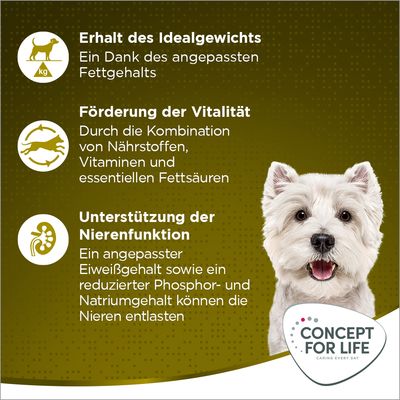 Concept for Life. Erhalt des Idealgewichts, Förderung der Vitalität und Unterstützung der Nierenfunktion durch angepasste Inhaltsstoffe wie Fettgehalt, Vitamine und reduzierten Phosphorgehalt.
