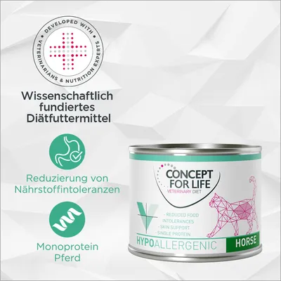 Concept for Life Veterinary Diet Hypoallergenic Horse. Wissenschaftlich fundiertes Diätfuttermittel zur Reduzierung von Nährstoffintoleranzen, Monoprotein Pferd. Concept for Life Veterinary Diet Hypoallergenic Horse. Wissenschaftlich fundiertes Diätfuttermittel zur Reduzierung von Nährstoffintoleranzen, Monoprotein Pferd.