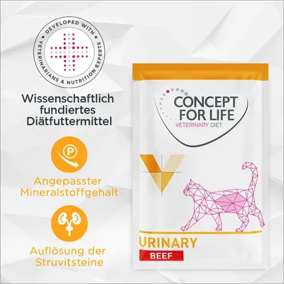 Concept for Life Veterinary Diet Urinary Beef. Wissenschaftlich fundiertes Diätfuttermittel, angepasster Mineralstoffgehalt, Auflösung der Struvitsteine. Entwickelt mit Experten.