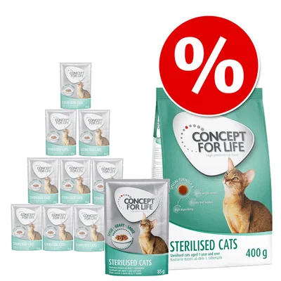 Concept for Life Sterilised Cats macskaeledel csomag: 400 g száraz táp és több 85 g-os alutasakos eledel, piros százalékos akciójelzéssel