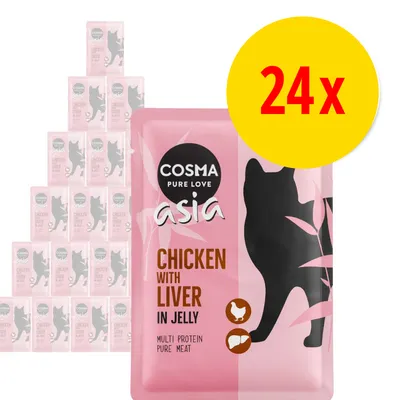 24x Cosma Pure Love Asia Chicken with Liver in Jelly, Multi Protein Pure Meat. Pink pakke med sort kattefigur og engelsksproget tekst synlig på forsiden.