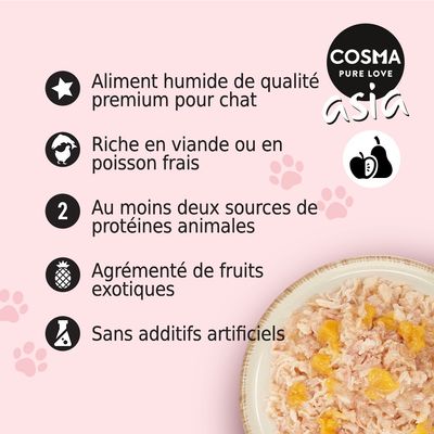 COSMA Asia. Aliment humide premium pour chat, riche en viande ou poisson frais, au moins deux sources de protéines animales, fruits exotiques, sans additifs artificiels.