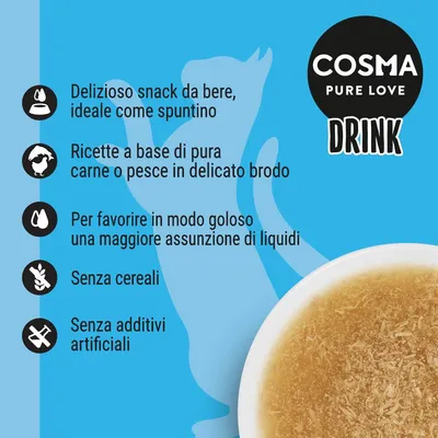 COSMA PURE LOVE DRINK. Delizioso snack da bere, ideale come spuntino. Ricette a base di pura carne o pesce in delicato brodo. Senza cereali né additivi artificiali.