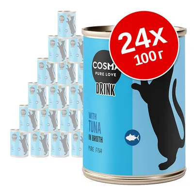 24 банки по 100 г Cosma Pure Love Drink with Tuna in Broth, голубая упаковка с изображением кошки и надписями на английском языке