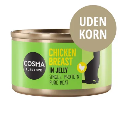 COSMA PURE LOVE CHICKEN BREAST IN JELLY, SINGLE PROTEIN PURE MEAT, UDEN KORN står på dåse med grøn label og sort kattefigur. COSMA PURE LOVE CHICKEN BREAST IN JELLY, SINGLE PROTEIN PURE MEAT, UDEN KORN står på dåse med grøn label og sort kattefigur.