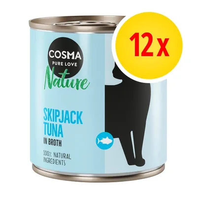 Cosma Nature Skipjack Tuna in Broth, 100 % natural ingredients, lot de 12 boîtes. Texte en anglais sur l’emballage.