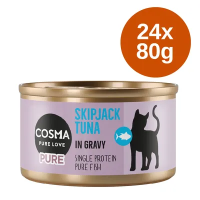 Cosma Pure Love Skipjack Tuna w sosie, pojedyncze białko, czysta ryba. Wielkość opakowania: 24x80g.