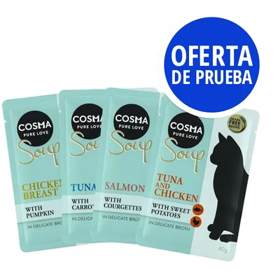 Cosma Pure Love Soup: sobres de pollo con calabaza, atún con zanahorias, salmón con calabacines, atún y pollo con boniato. Oferta de prueba visible en círculo azul.