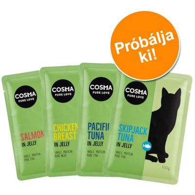 COSMA Pure Love tasakos eledel: Salmon in Jelly, Chicken Breast in Jelly, Pacific Tuna in Jelly, Skipjack Tuna in Jelly. Narancssárga körben: Próbálja ki!