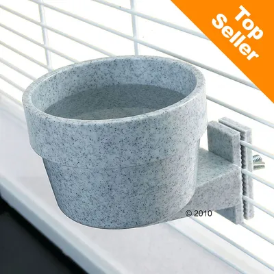 Sivá plastová miska na vodu s upevnením na klietku, nápis Top Seller v oranžovom rohu obrázka.