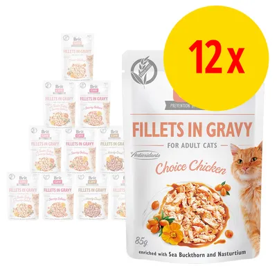 Brit Care Fillets in Gravy til voksne katte, Choice Chicken, 85 g. Pakke med 12 stk. Synlig tekst: enriched with Sea Buckthorn and Nasturtium, Antioxidants.