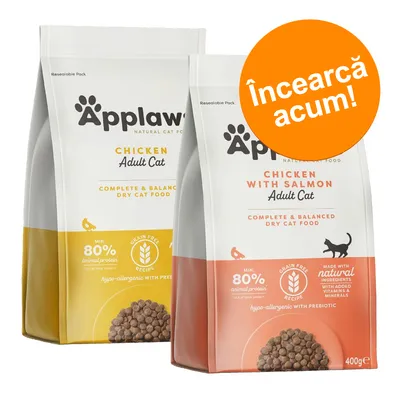 Applaws Chicken Adult Cat și Applaws Chicken with Salmon Adult Cat, hrană uscată pentru pisici adulte, min. 80% proteină animală, fără cereale, pungi de 400g. Text: Încearcă acum!