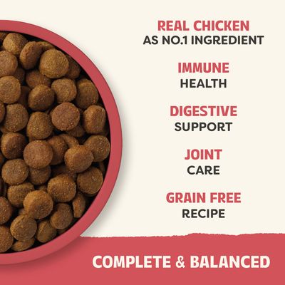 Äkta kyckling som huvudingrediens, Immunsystemets hälsa, Matsmältningsstöd, Ledvård, Spannmålsfri recept, Komplett & balanserat. Produktfunktioner för ett balanserat foder.