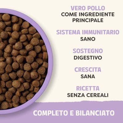 Vero pollo come ingrediente principale, sistema immunitario sano, supporto digestivo, crescita sana, ricetta senza cereali, completo e bilanciato.