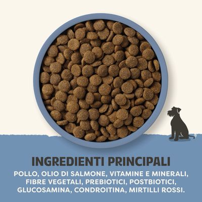Ingredienti principali: pollo, olio di salmone, vitamine e minerali, fibre vegetali, prebiotici, postbiotici, glucosammina, condroitina, mirtillo rosso.