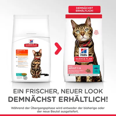 Hill's Science Plan Adult 1–6 Light kattmat med tonfisk, bild på nuvarande och ny förpackning. Text: Demnächst erhältlich! Ein frischer, neuer Look.