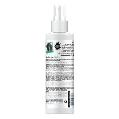 Back label of Dental Care Spray bottle showing ingredients, usage instructions, and product information in English. Includes website, recycling symbol, and contact details.