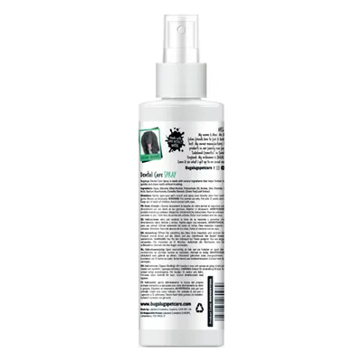 Back label of Dental Care Spray bottle showing ingredients, usage instructions, and product information in English. Includes website, recycling symbol, and contact details.
